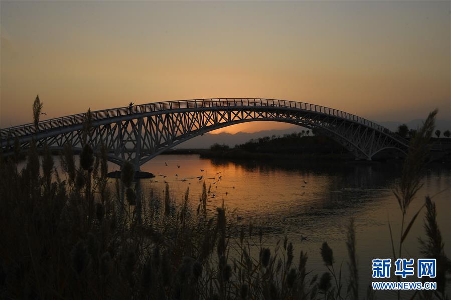 这是10月18日在宁夏沙湖景区拍摄的夕阳下的彩虹桥.