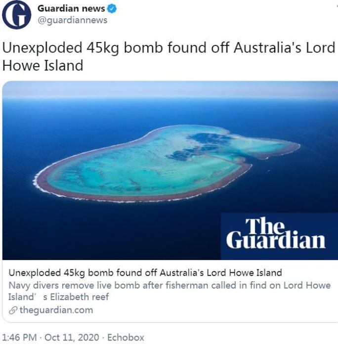 澳大利亚渔民无意发现45公斤未爆弹 被军方移入深海