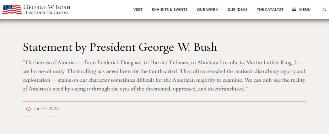 美国前总统小布什发声明称，许多人怀疑美国的国家正义，这是有理由的。（图片截自乔治·W·布什总统中心官网）
