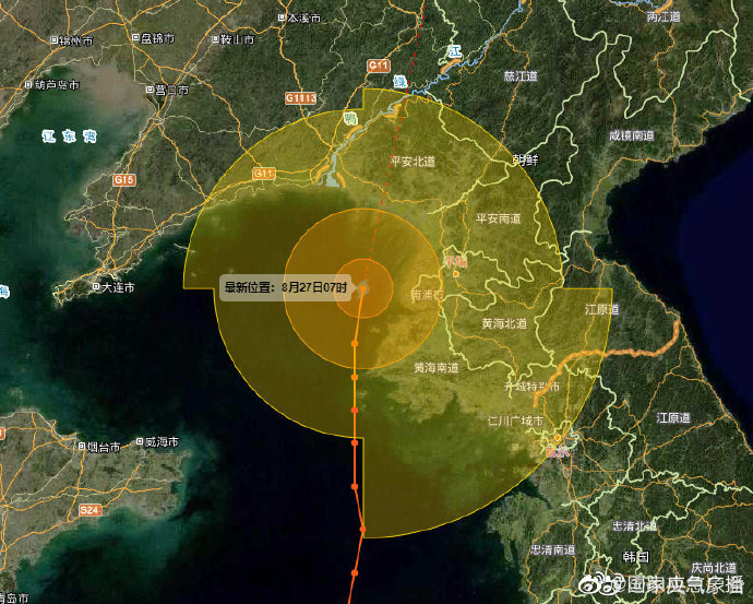 台风"巴威"减弱为台风级 将登陆朝鲜平安北道到我国辽宁省东港市一带