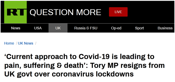 “今日俄罗斯”：英保守党议员因不满防疫封锁举措从英国政府辞职，称“目前的措施造成痛苦、折磨和死亡”