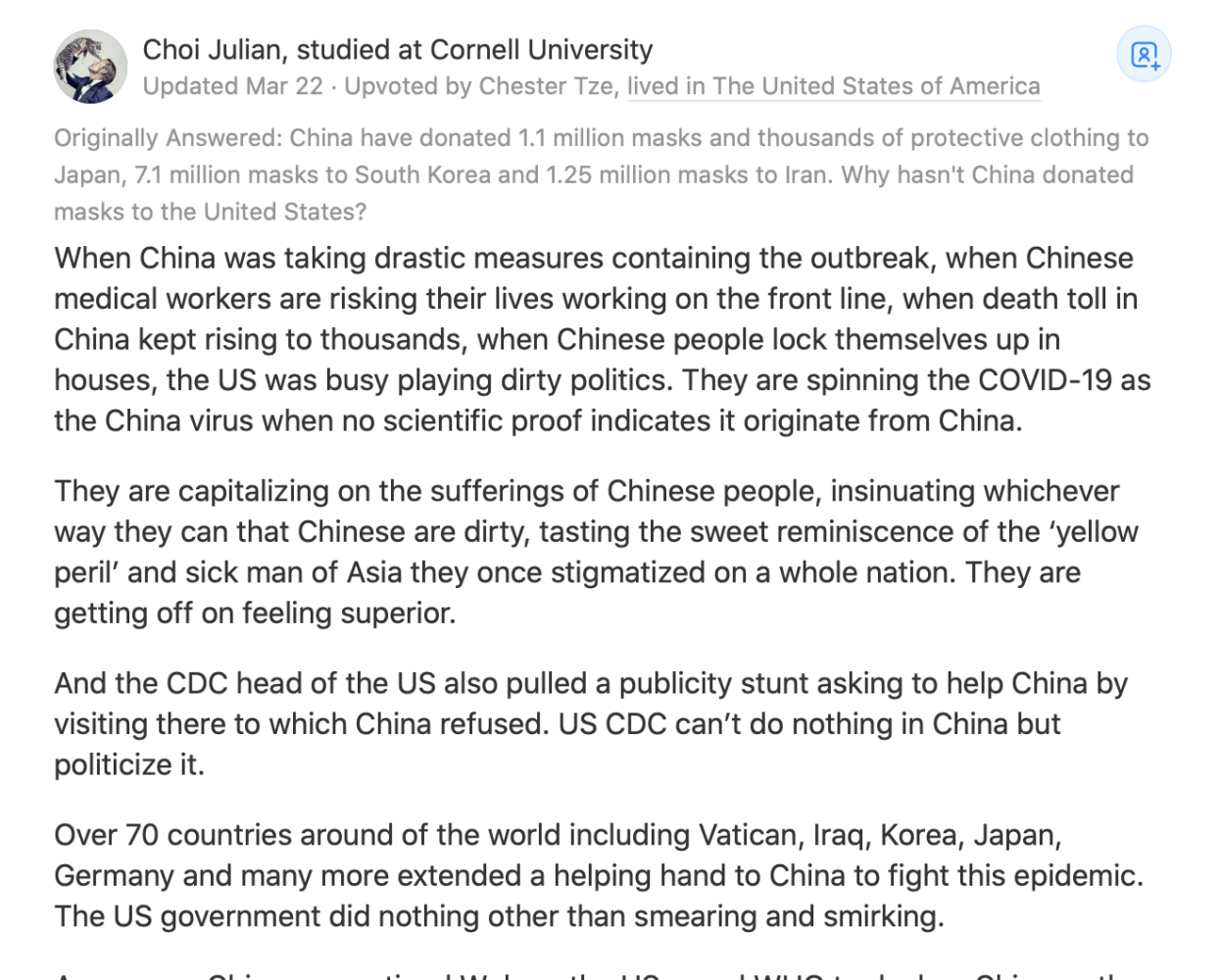 中国■“中国为啥不捐物资给美国”？中国网友提到两个“有趣且不道德”的细节