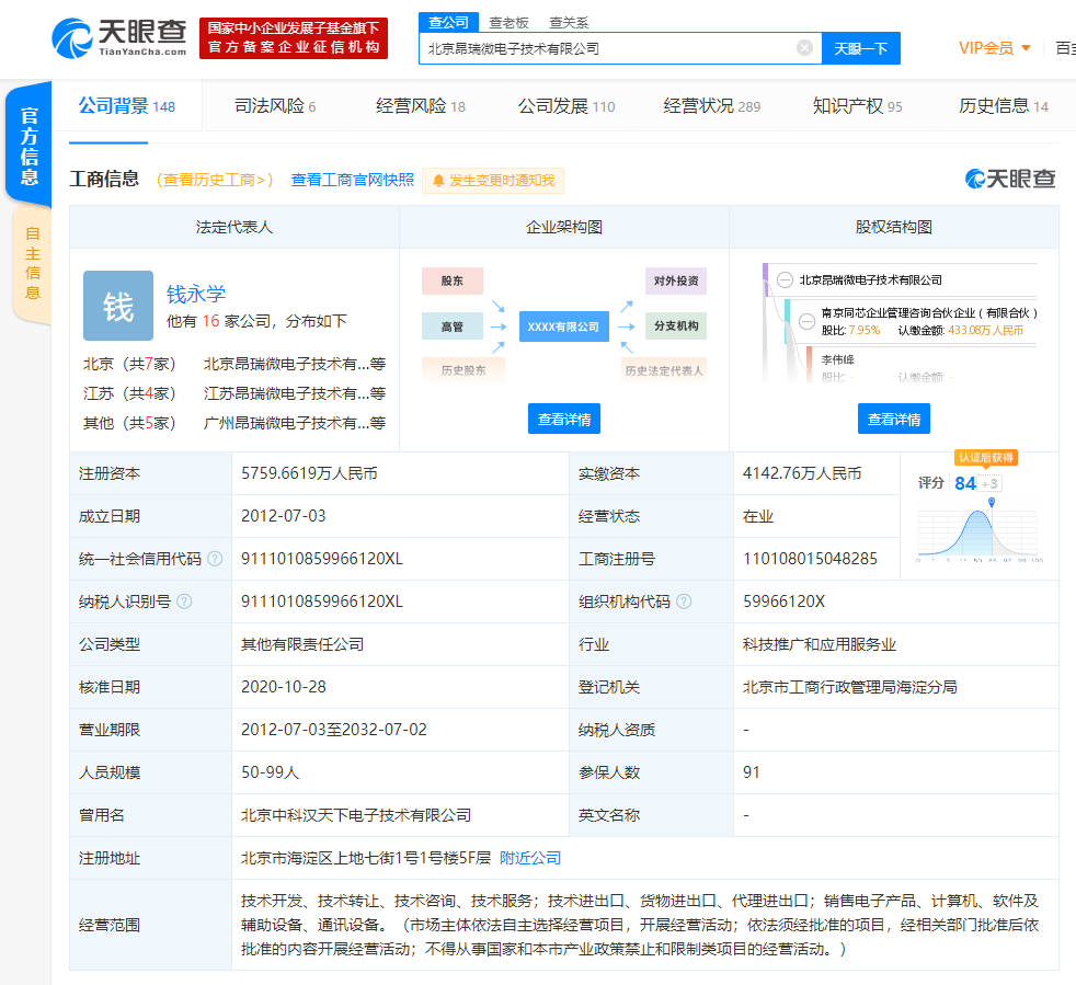 哈勃科技投資有限公司入股射頻前端芯片射頻soc芯片供應商昂瑞微電子