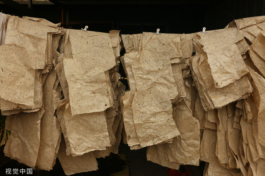 2019年11月24日,山东济宁,纸坊村村民把捞出的桑皮纸进行凉晒.