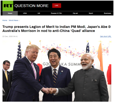 （RT：特朗普向印度总理莫迪、日本前首相安倍晋三和澳大利亚总理莫里森授予�功勋军团�勋章，肯定反华�四方�联盟）